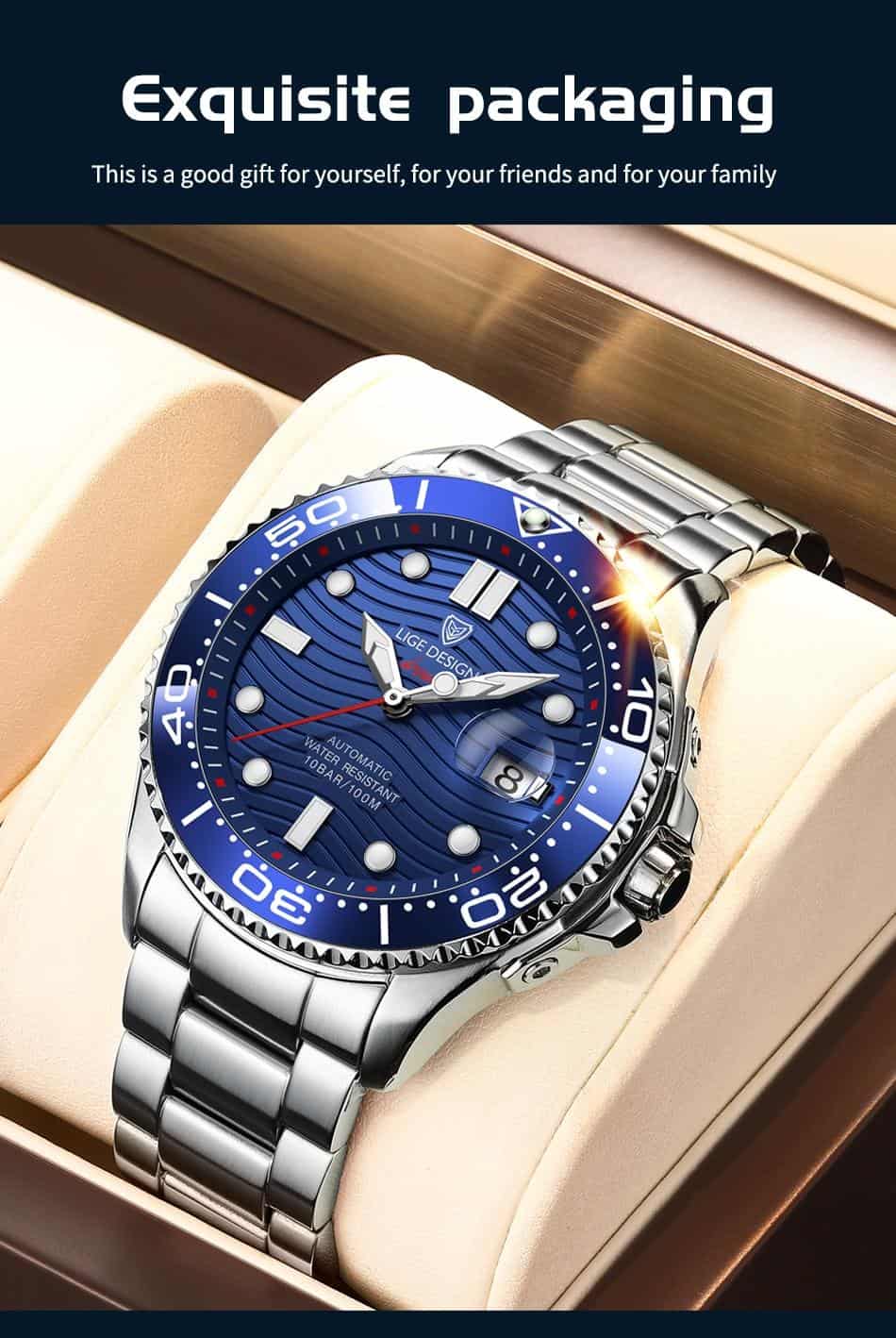 2020 LIGE Business Mechanical Mens Watches Top Brand Luxury 100M Waterproof Clock Diving Automatic Date Stainless Steel Watch