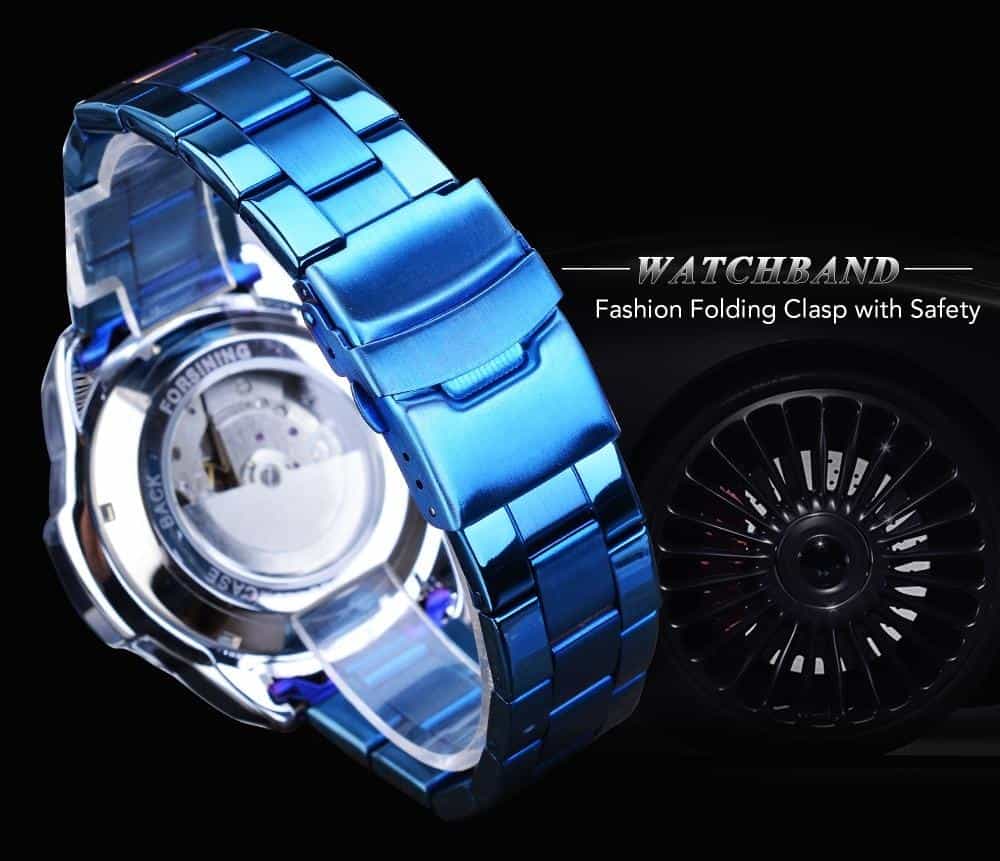 Forsining Mens Automatic Watch Blue Steel Band Calendar 3 Sub Dial Wristwatch Mechanical Waterproof Male Clock Relogio Masculino