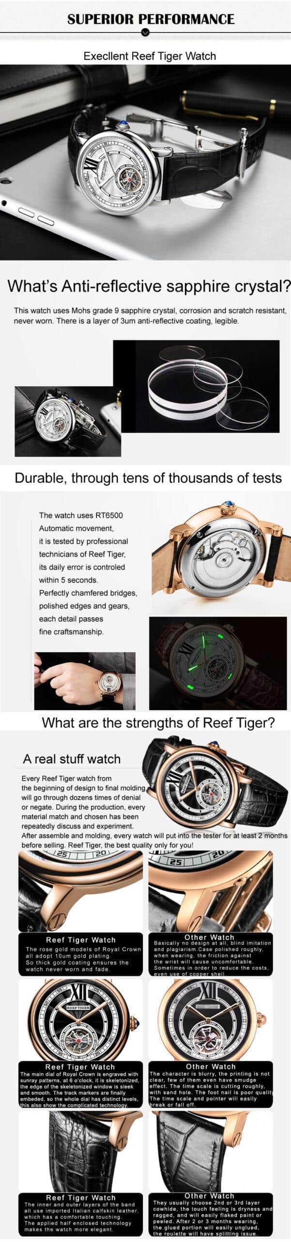 Reef Tiger/RT Luxury Watches for Men Rose Gold Tourbillon Automatic Watches Genuine Leather Strap RGA192