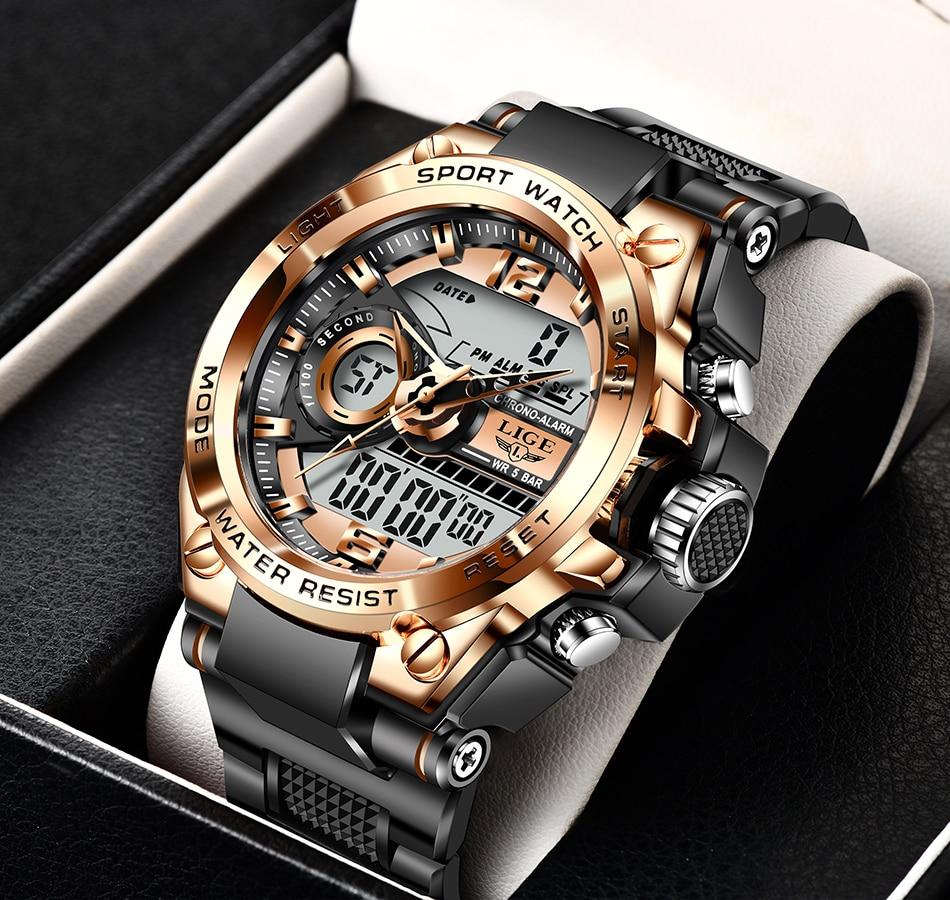 LIGE New Sports Men's Watches Top Brand Luxury Military Quartz Watch Men Waterproof S Shock Male Clock relogio masculino Display
