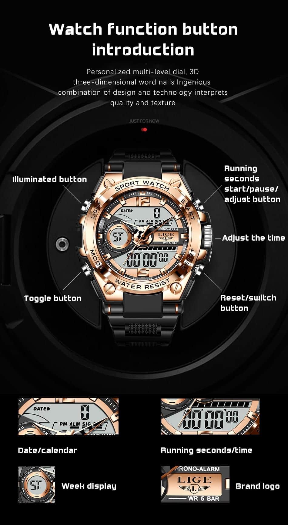 Relogio Masculino 2021 LIGE Sport Men Quartz Digital Watch Creative Diving Watches Men Waterproof Alarm Watch Dual Display Clock