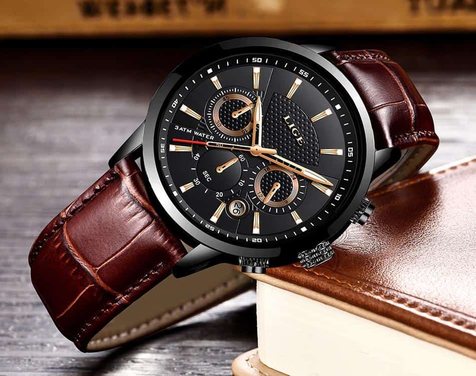 2021 New Casual Leather Mens Watches Top Brand Luxury Double Quartz Watch For Men Waterproof Week Date Electronic Digital Clock