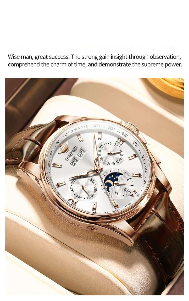OUPINKE Men Mechanical Watch Luxury Automatic Watch Leather Sapphire Waterproof Sports Moon Phase Wristwatch Montre homme