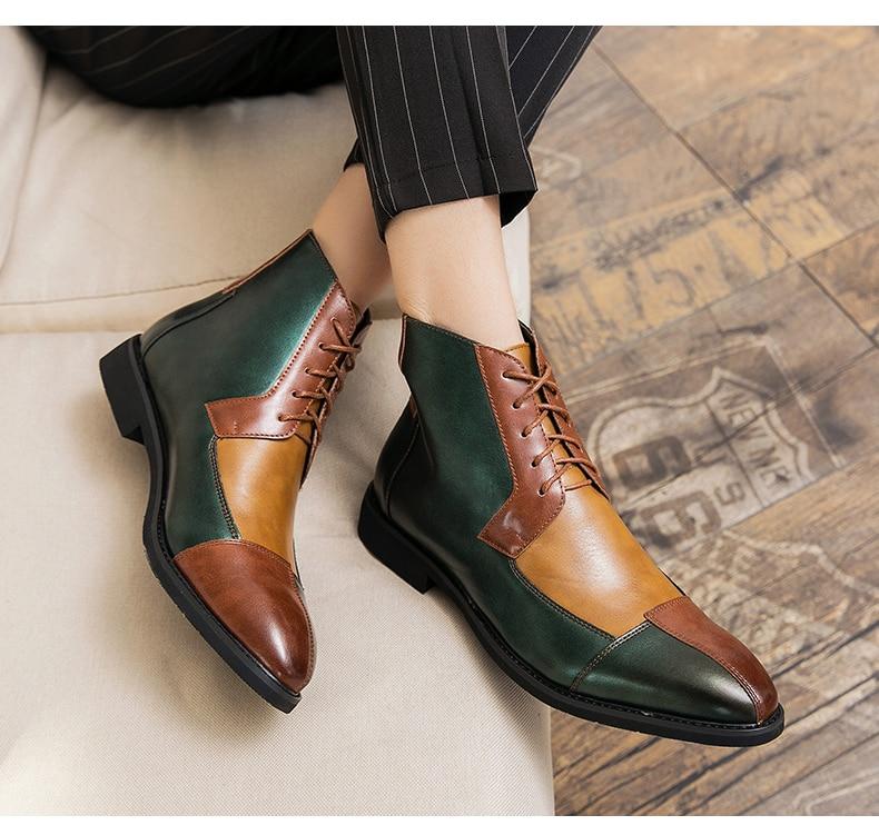 38-48 Splicing Oxford Men Boots Misalwa High Top PU Leather Trend Casual Shoe Green Brown British Party Fashion Men Boot Vintage
