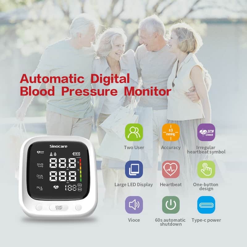 Sinocare Portable Blood Pressure Monitor Tonometer Automatic Upper Arm LED Monitors Sphygmomanometers BP Heart Rate Pulse Meter