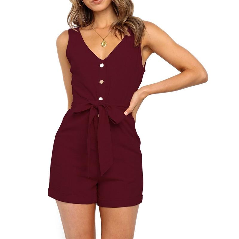Women's Summer Fashion Button V-neck Off-the-shoulder Jumpsuits Female Sleeveless Lace Up Playsuits Pockets 2020 Jumpsuit Women