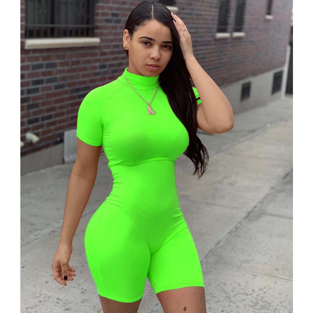 Neon Color Sexy One Piece Overalls for Women Short Sleeve Skinny Summer Romper High Elastic Fitness Causal Bandage Jumpsuits