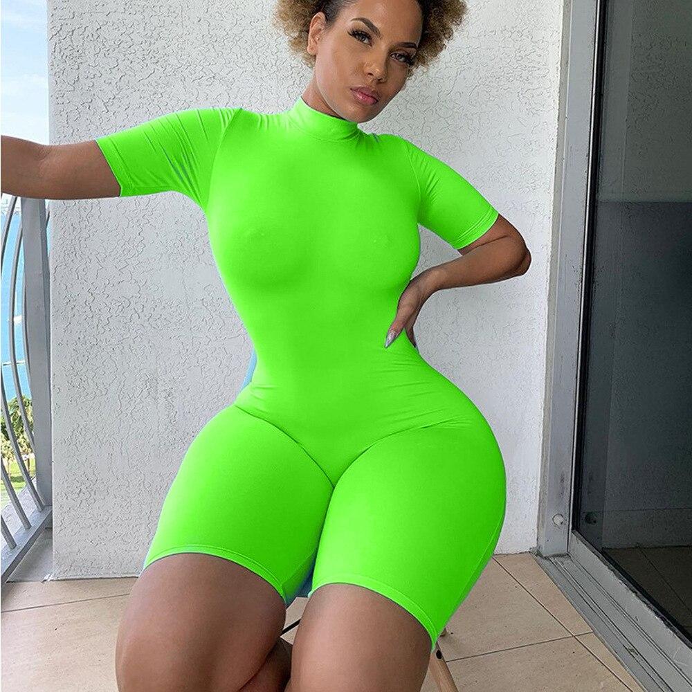 Neon Color Sexy One Piece Overalls for Women Short Sleeve Skinny Summer Romper High Elastic Fitness Causal Bandage Jumpsuits