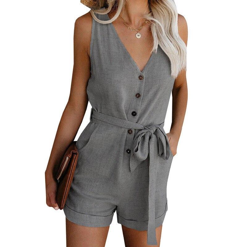 2020 Summer Sleeveless Solid Color Loose Women's Jumpsuit Ladies Lace Up Bow Playsuits Single-breasted V Neck straps Rompers