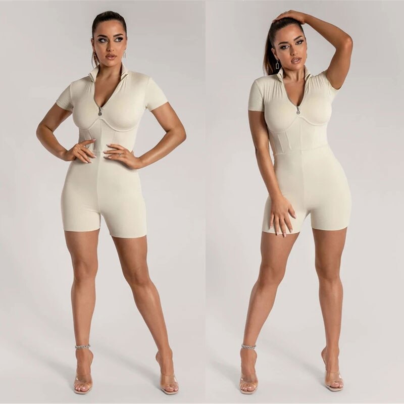 Ladies Short Sleeve Girdle Playsuits Women's Sexy Wrapped Chest Stand Collar Zipper Corset Short T-Shirt Tight Shorts Jumpsuit