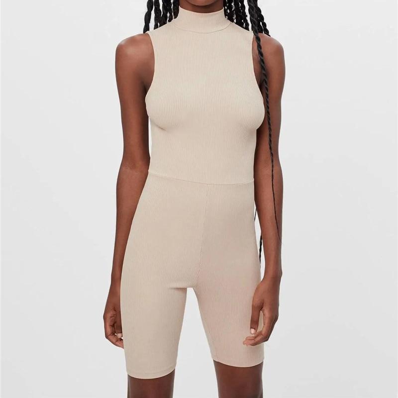 Merodi 2020 Sexy Lady Khaki Za Skinny Knitted Playsuits Women Fashion Turtleneck Sleeveless High Elastic Short Jumpsuits Chic