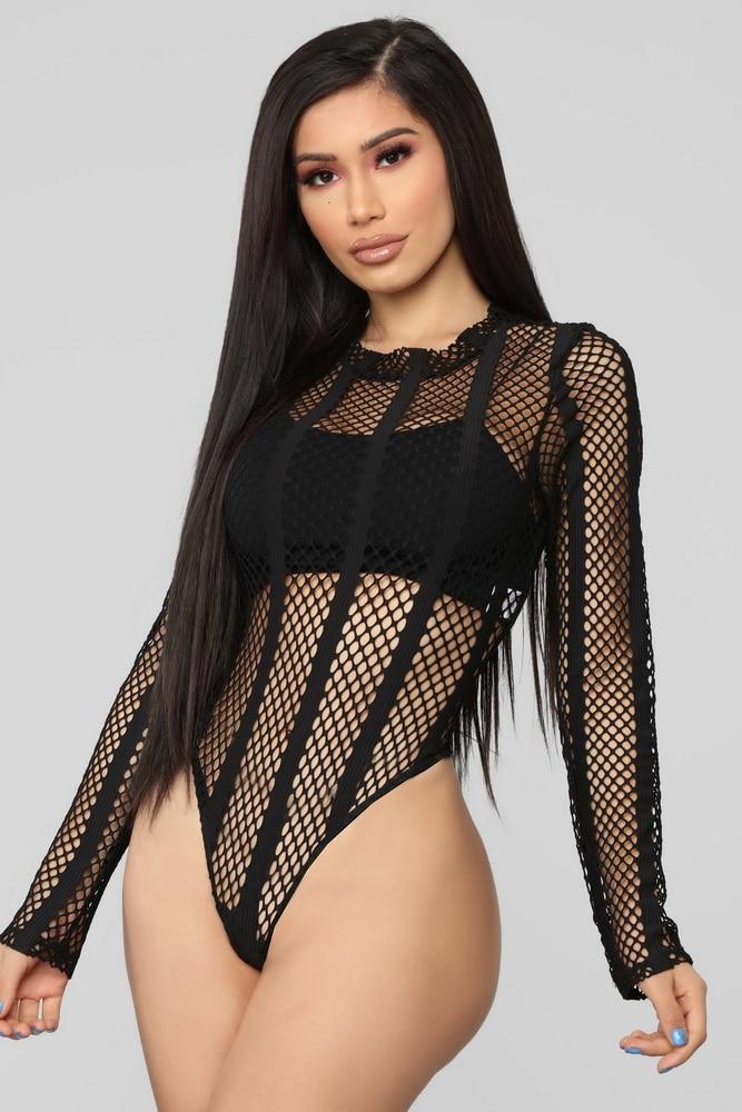 OKAYOASIS Sexy Women O-Neck Long Sleeve Fishnet Bodycon Party Bodysuit Female Elegant Skinny Club Rompers Overalls