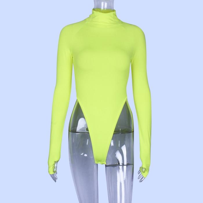 Spring Black Fluorescent Green Turtleneck Long Sleeve Bodysuit Women New Bodycon Rompers Skinny High Cut Out Thong Bodysuits 2XL