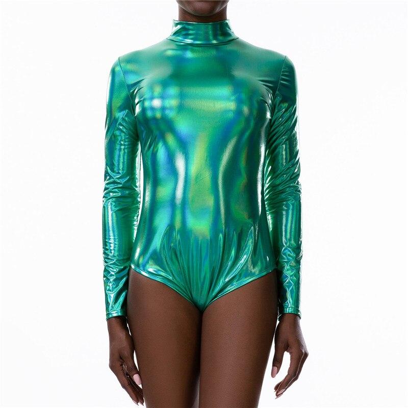 Laser Holographic Bodysuit Women Long Sleeve O Neck Zippered Back PU Wet Look Playsuits Autumn Party Jumpsuits Sexy Clubwear