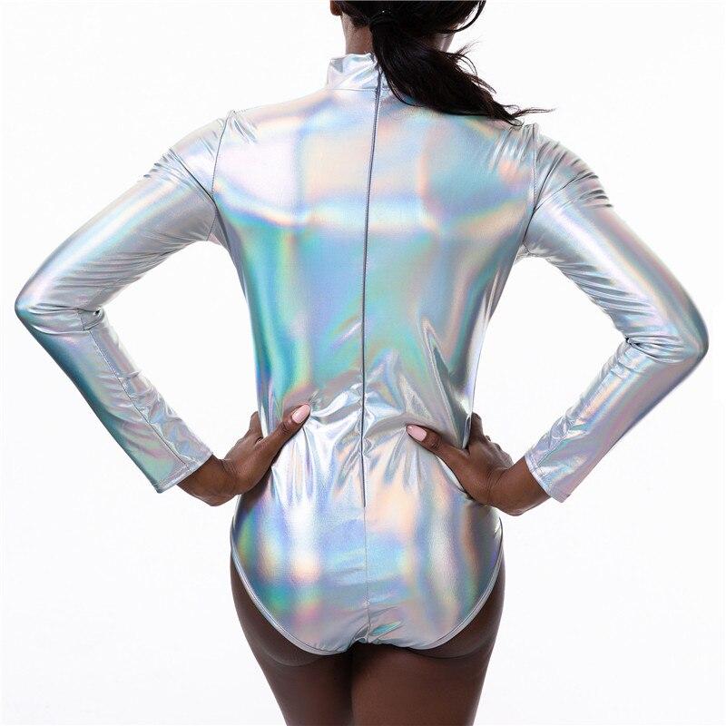 Laser Holographic Bodysuit Women Long Sleeve O Neck Zippered Back PU Wet Look Playsuits Autumn Party Jumpsuits Sexy Clubwear