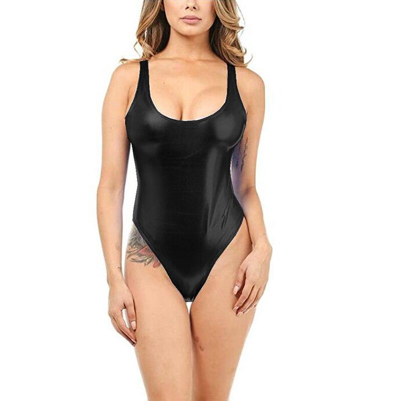 Plus Size Sexy One Piece Swimsuit Glitter High Cut Leotard Lady Faux Leather Swimwear U-back Backless Bodysuit Summer Beachwear
