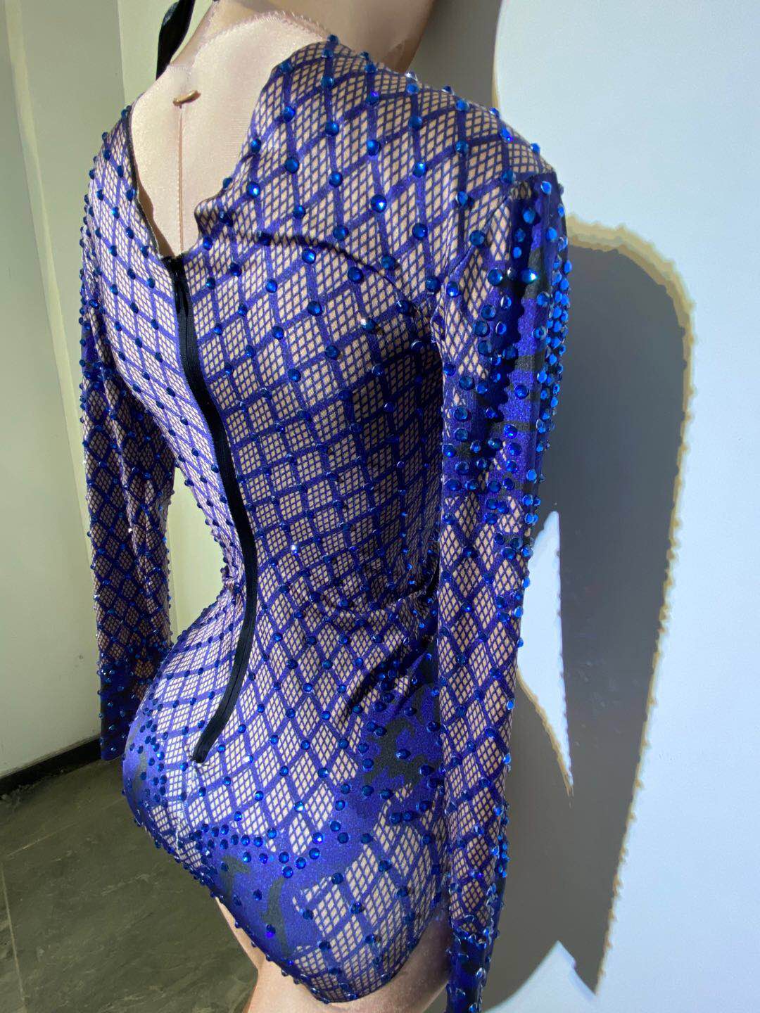 Sexy Blue Print Rhinestone Dancer Bodysuit Women Long Sleeve Elastic Crystal Jumpsuit Female Club Showgirl Stage Leotard Costume