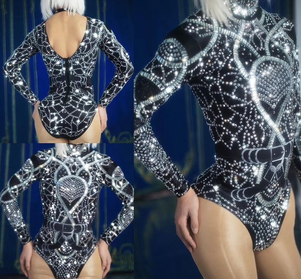 European Nightclub DJ Singer Female Costume Sparkly Silver Black Rhinestones Bodysuit Stage Wear Jazz Dance Team Elastic Leotard