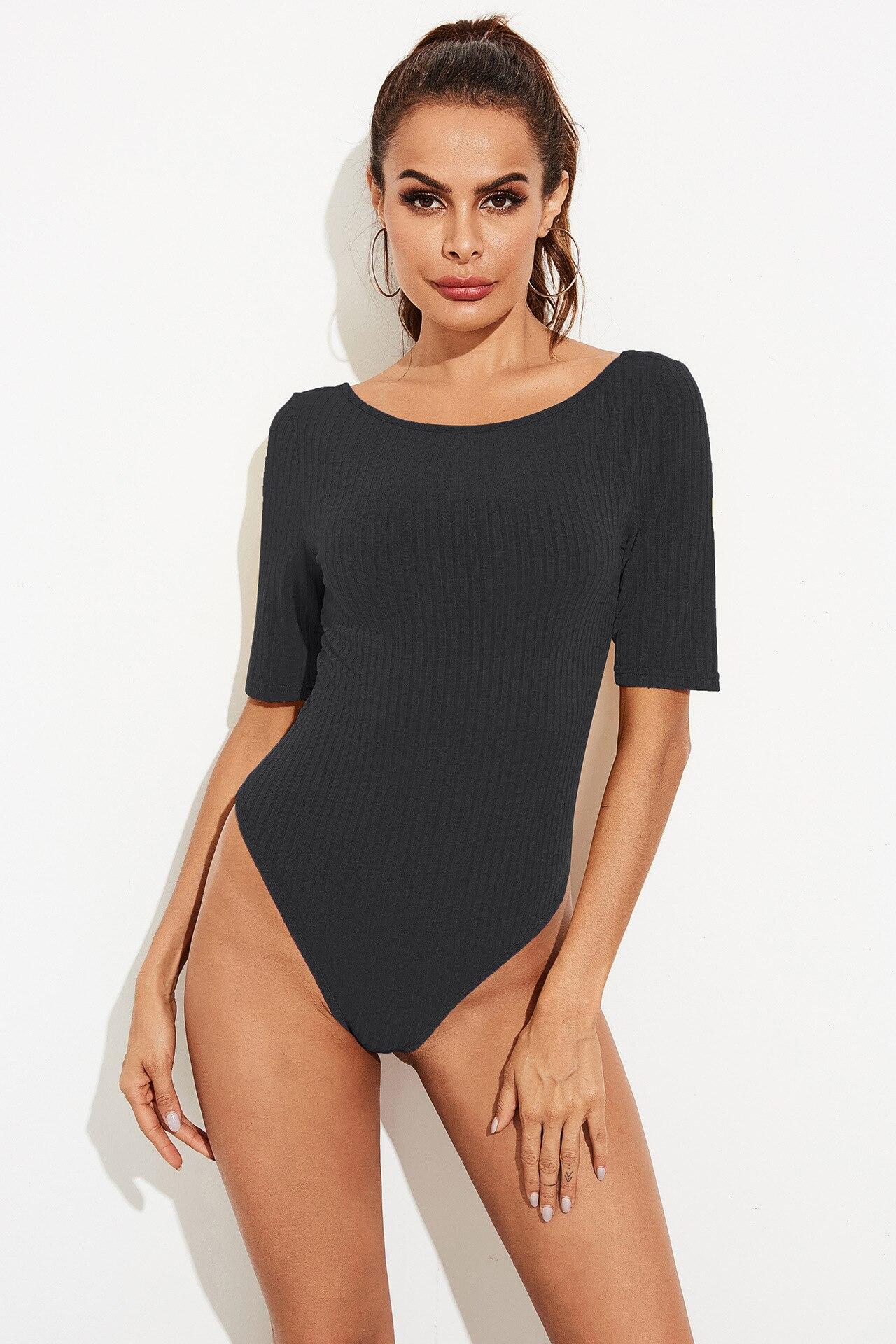 Backless Slim Knit Pit Jumpsuit Round Neck Middle Sleeve Sexy Elastic Tight-fitting Women's Bottoming Shirt Sexy Jumpsuit