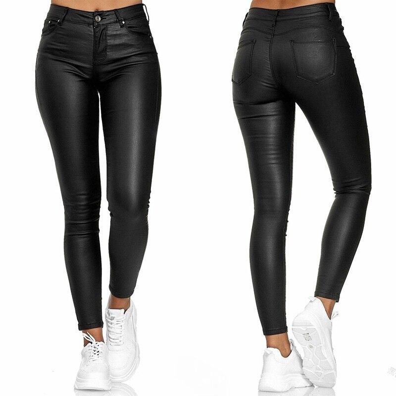 Pure Color Leather Casual Pants Small Feet Pants Spring Women Pu Leather Pants Black Sexy Stretch Bodycon Leather Pants High Red