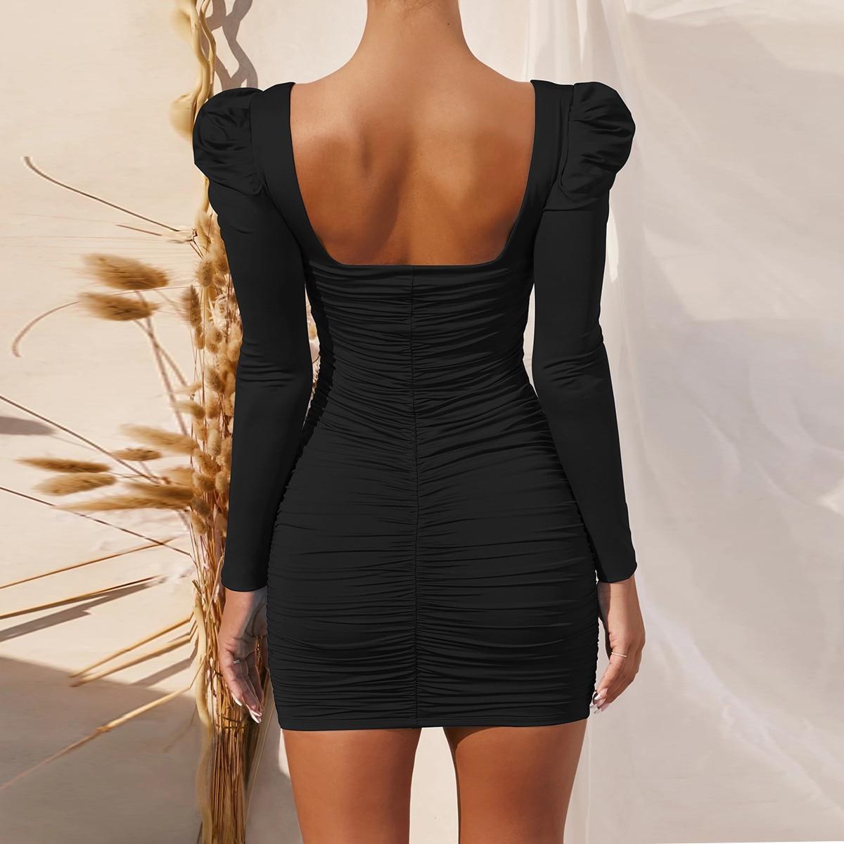 Fashion Spring Long Sleeve Sexy Black Bodycon Dress Women Square Neck vintage Ruched White Mini Party dresses for women 2021