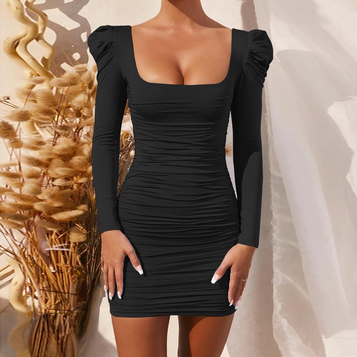 Fashion Spring Long Sleeve Sexy Black Bodycon Dress Women Square Neck vintage Ruched White Mini Party dresses for women 2021