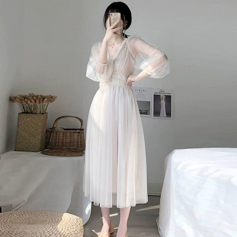 Dress Women 2021 Spring Plus Size Midi Dresses Elegant A-Line Vestidos Solid Puff Sleeve V-Neck Ladies Lace Dress Mesh 8126 50