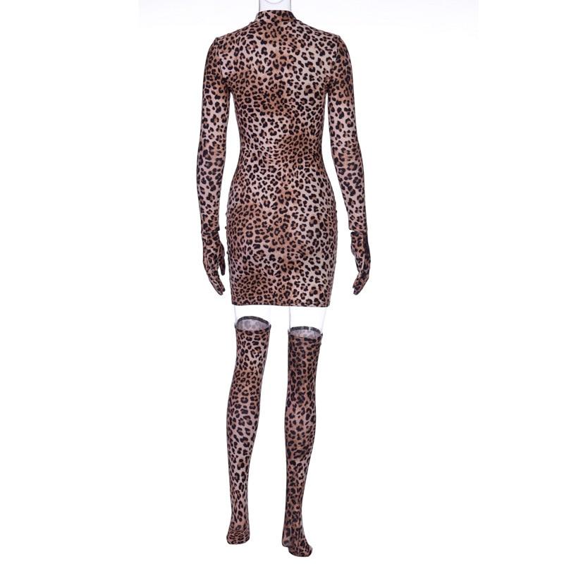 Leopard Print Garter Stocking Dress for Women Bodycon Sexy Club Party Wear White Black Long Sleeve Mini Dresses Sets 2022 Spring