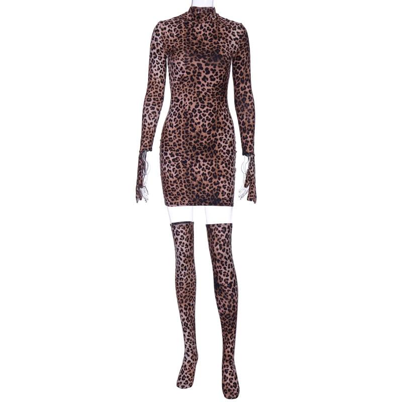 Leopard Print Garter Stocking Dress for Women Bodycon Sexy Club Party Wear White Black Long Sleeve Mini Dresses Sets 2022 Spring