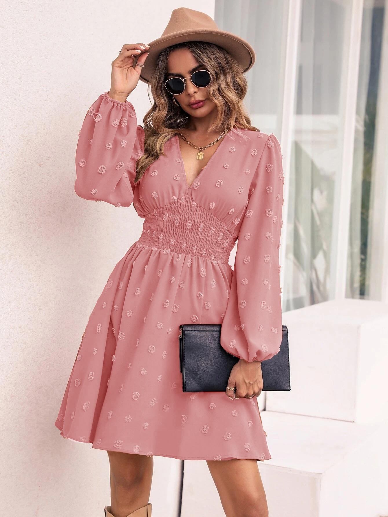 2022 Spring Elegant Chiffon Dress Women Casual Long Sleeve V Neck Dot Mini Dress Woman Fashion Holiday Black Pink Party Dresses