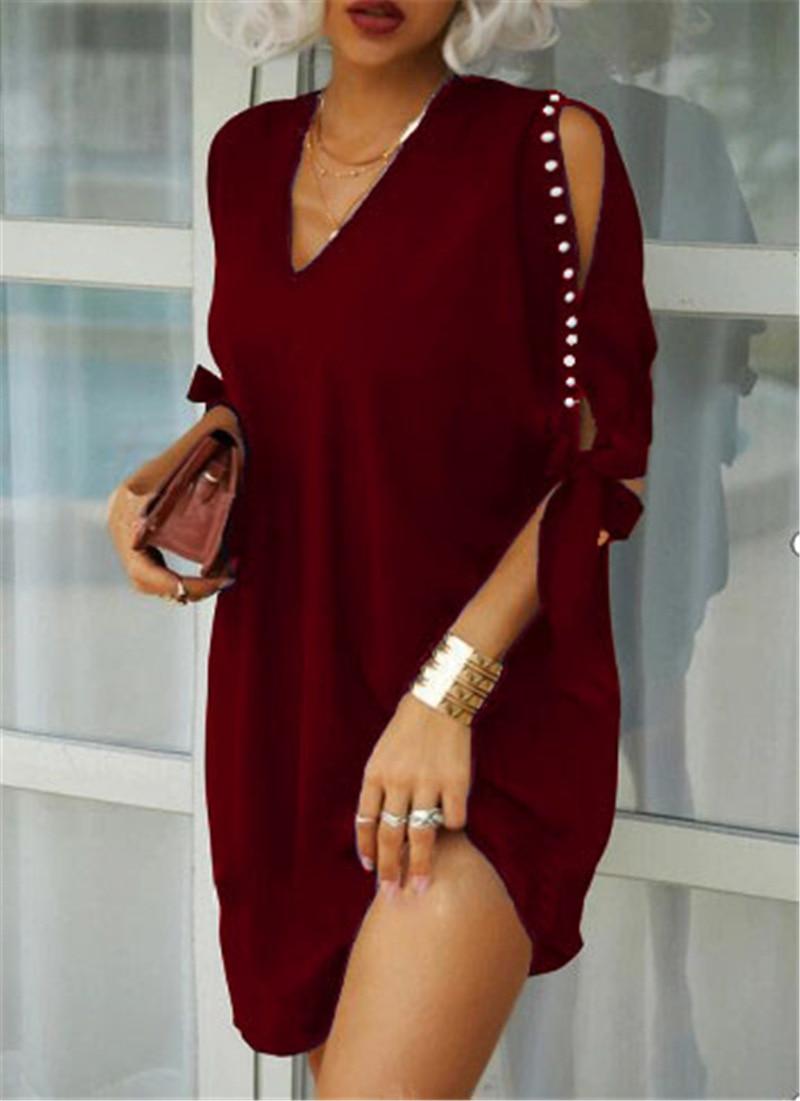 Women Elegant V Neck Party Dress Sexy Women Hollow Out Sleeve Loose Dresses Casual Solid Office Ladies Mini Dress Plus Size 3XL