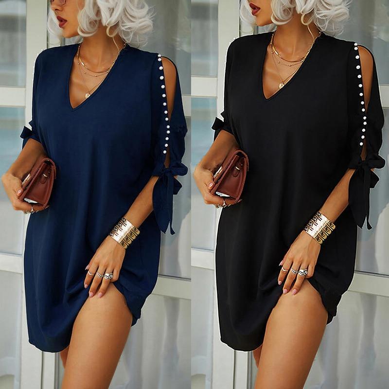 Women Elegant V Neck Party Dress Sexy Women Hollow Out Sleeve Loose Dresses Casual Solid Office Ladies Mini Dress Plus Size 3XL