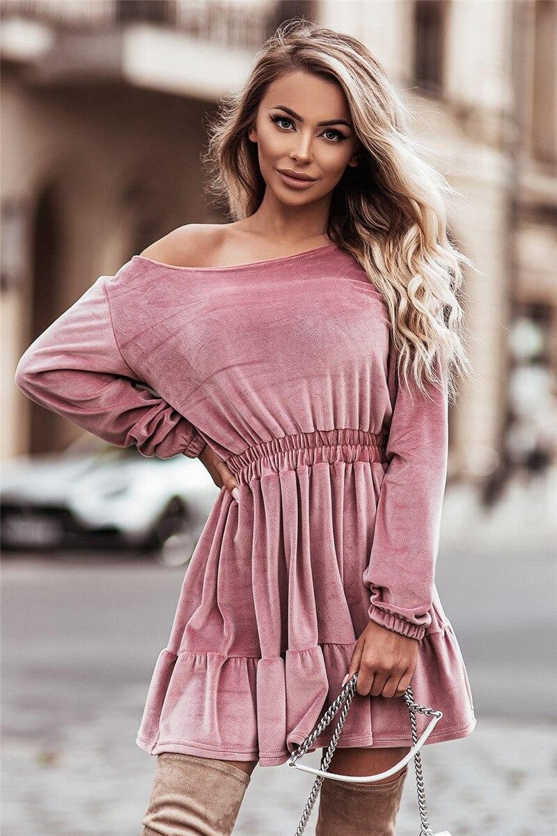 2021 Winter Warm Ruffles Women's Dress Elegant Solid Pink Dresses Female Autumn New A-line Palted Fashion Casual Clothes Ladies