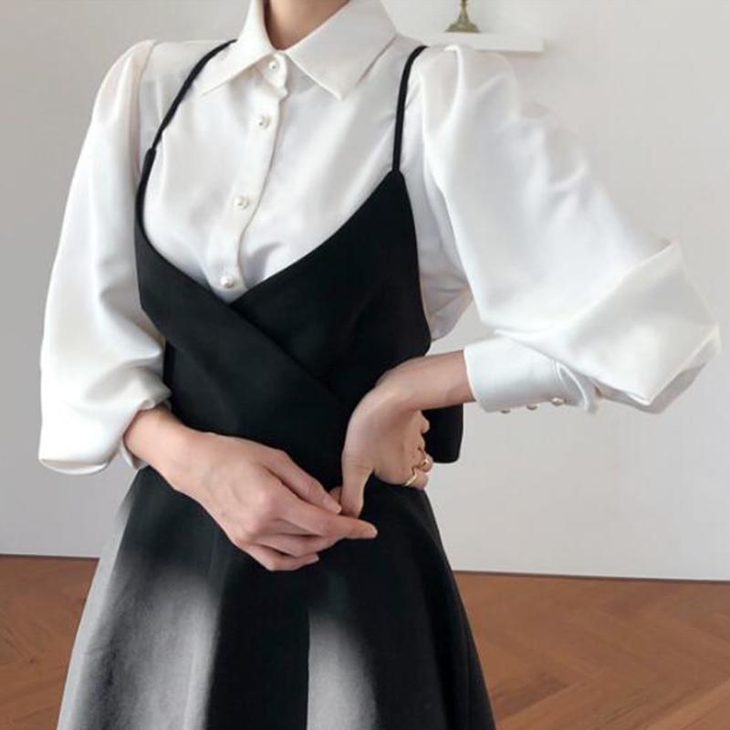 Sister Fara New Spring Dress 2022 Women Single Breasted Lantern Sleeve Shirt Set+Camisole Bow Pleated Solid Dresses