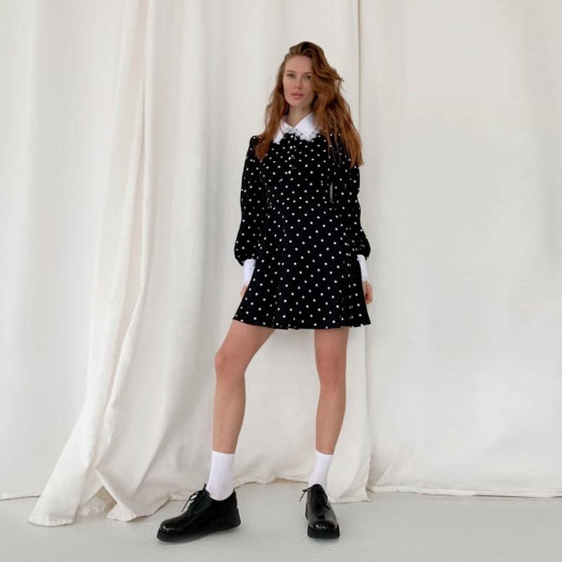 MUICHES Vintage Lantern Sleeve Polka Dot A-Line Dress Female High Waist Lace Mini Dresses For Women 2021 Sweet Fall