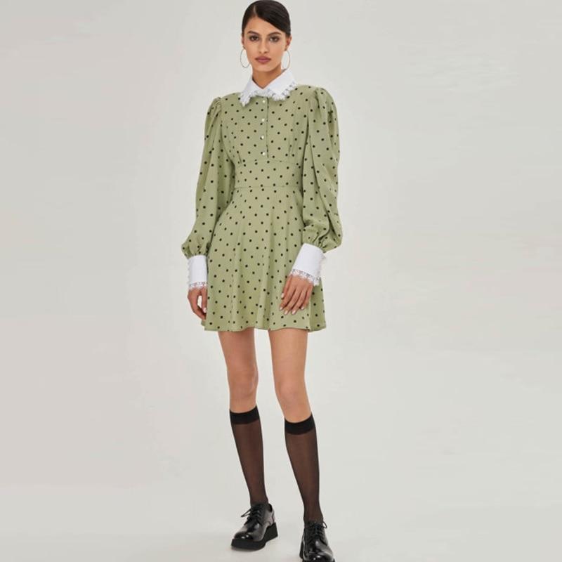 MUICHES Vintage Lantern Sleeve Polka Dot A-Line Dress Female High Waist Lace Mini Dresses For Women 2021 Sweet Fall
