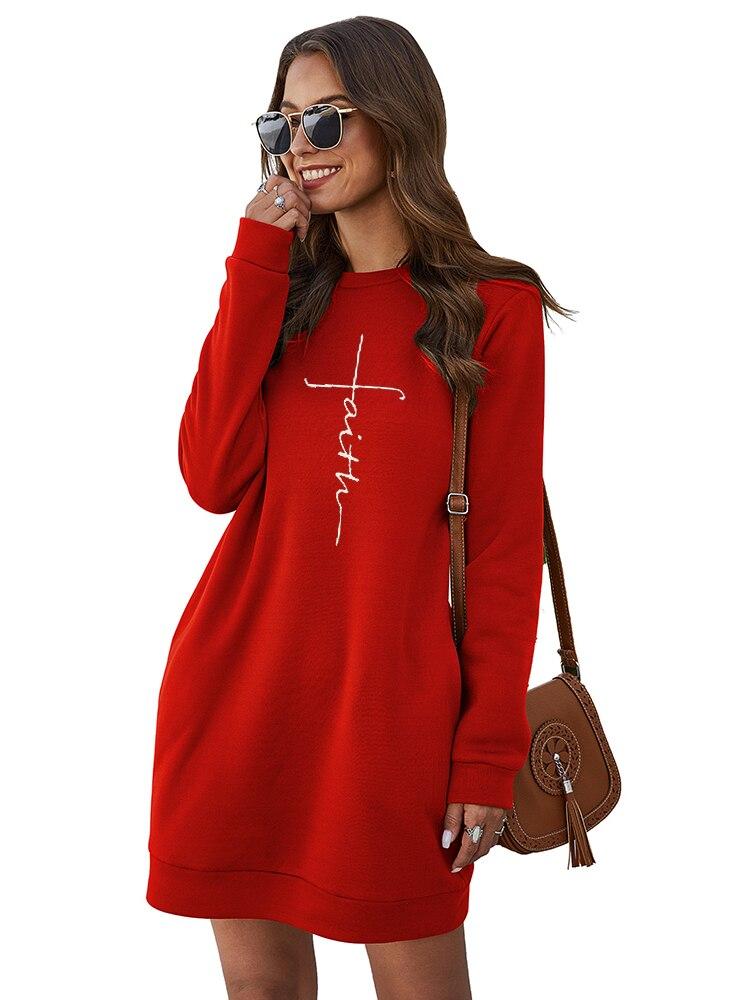 Faith Embroidery Sweatshirt Dress Women Autumn Winter Fashion O Neck Long Sleeve Pocket Plus Size Ladies Casual Mini Dresses
