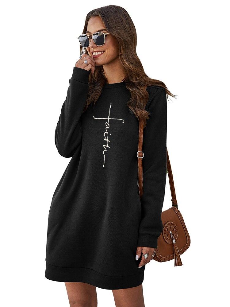 Faith Embroidery Sweatshirt Dress Women Autumn Winter Fashion O Neck Long Sleeve Pocket Plus Size Ladies Casual Mini Dresses