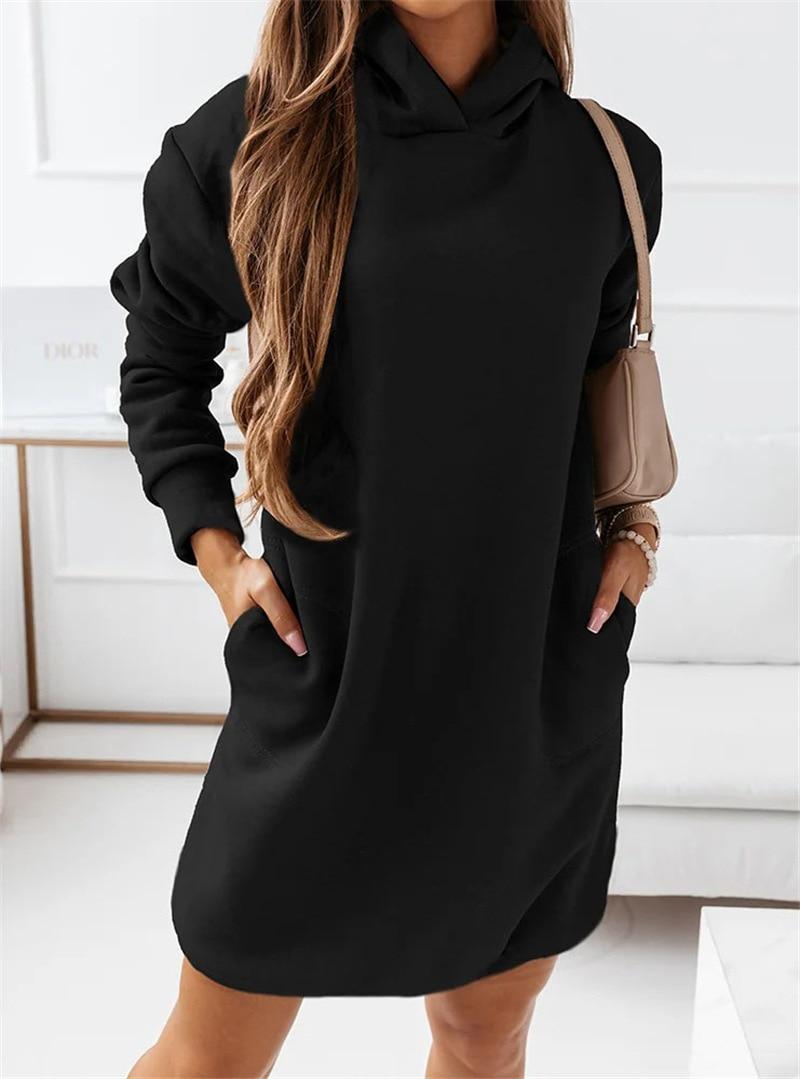 2021 Autumn Winter New Fashion Women Casual Hooded Long-sleeved Solid Color Mini Dress Loose Pullover Hooded Sweatshirt Dresses
