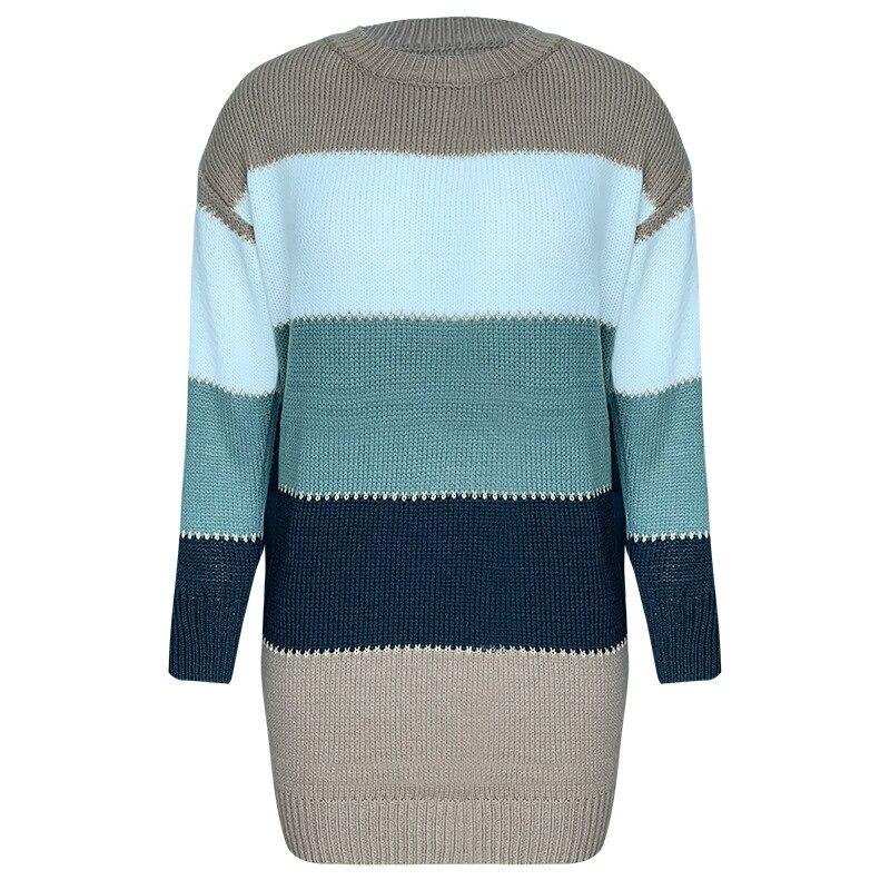 Women's O Neck Sweater Dress Patchwork Color Long Sleeve Knitted Pullover Casual Lady Clothing Striped Sexy Night Party Dresses