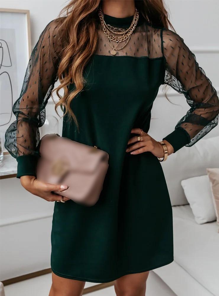 Casual O Neck Mesh Stitching Long-sleeve Loose Dresses For Fashion Women 2022 Spring Summer Sexy Black Gauze Mini Dress