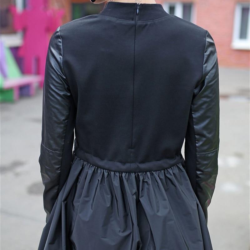 Women Sashes Pu Leather Patchwork a Line Dress Long Sleeve Stand Collar Winter Dress Vintage Fashion Office Work Casual 2021