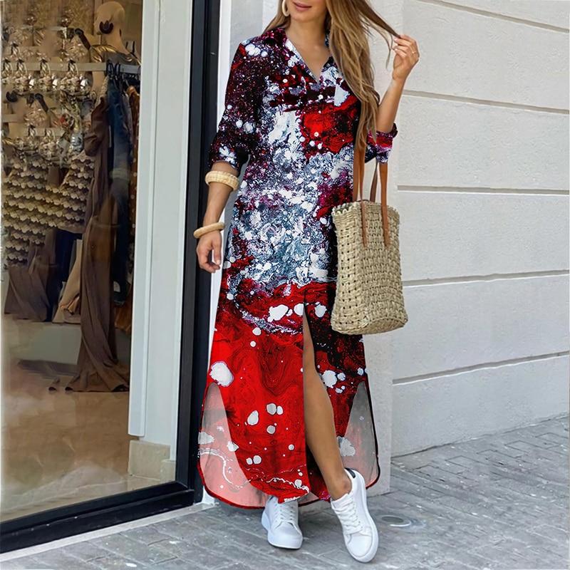 Party Dresses For Women 2022 Spring Autumn Casual Printing Button Long Sleeve Ladies Dress Turn-Down Collar Streetwear Vestidos
