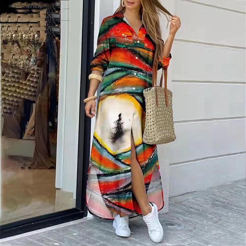 Party Dresses For Women 2022 Spring Autumn Casual Printing Button Long Sleeve Ladies Dress Turn-Down Collar Streetwear Vestidos