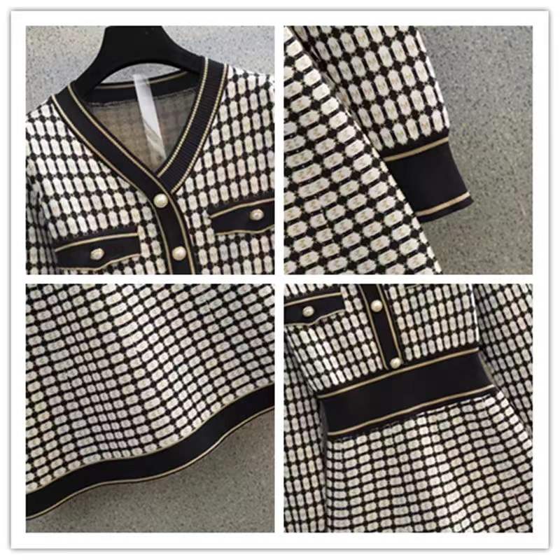 2022 Spring New Women Elegant Plaid Houndstooth Knitted Dress Female Sexy Casual Bodycon Long Dress Vintage Pearl Button Robe