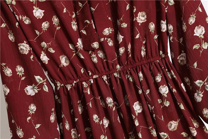 Women Casual Long Sleeve Chiffon Dress Spring Autumn Elegant Vintage Floral Printed Shirt Dress Bow Midi Summer Dress Vestidos