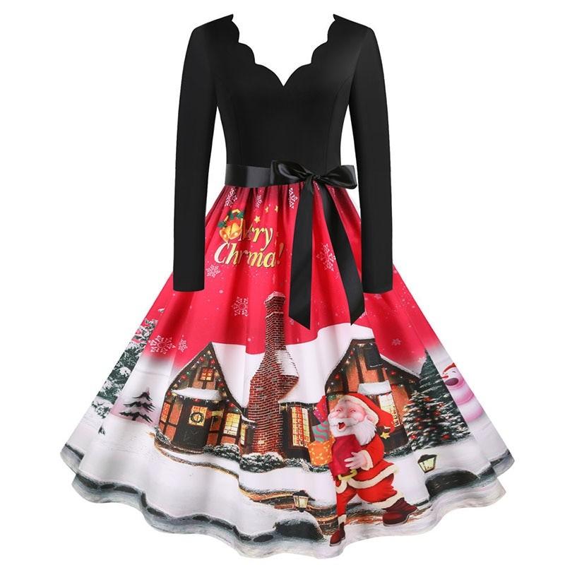 Christmas Dress Women Vintage Long Sleeve V Neck Santa Claus Print Elegant Xmas Party Prom Sundress Winter Clothes Plus Size 3XL