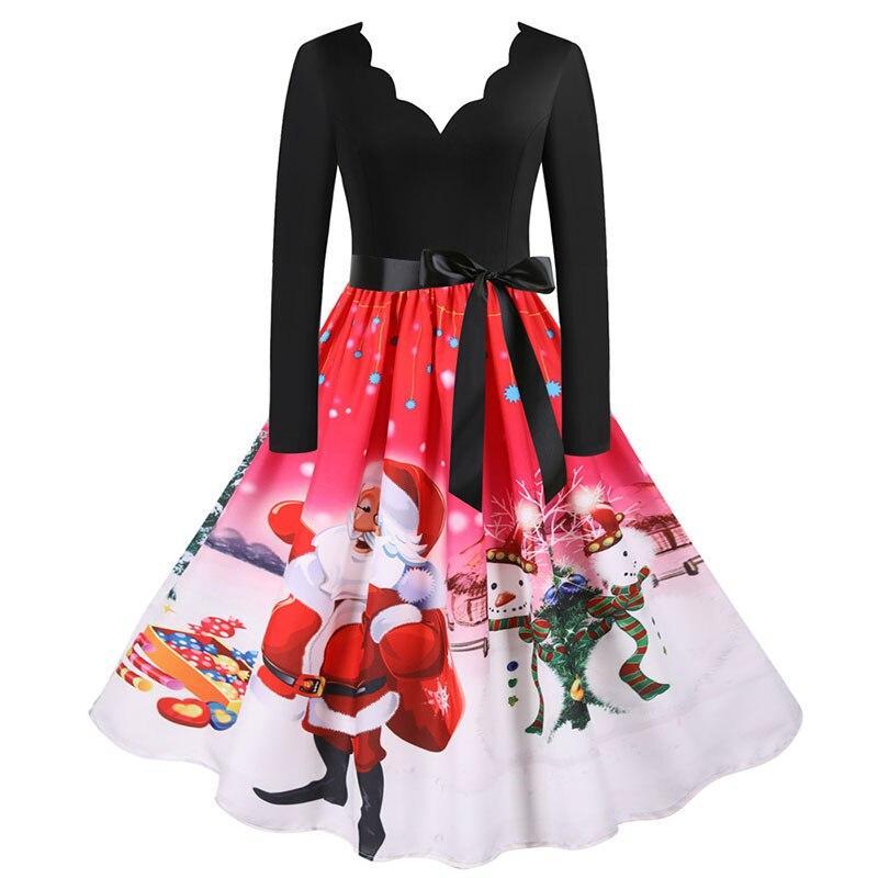 Christmas Dress Women Vintage Long Sleeve V Neck Santa Claus Print Elegant Xmas Party Prom Sundress Winter Clothes Plus Size 3XL
