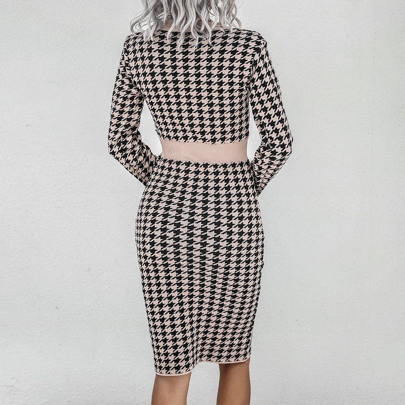 V-Neck Single Breasted Vintage Dress Spring Autumn Elegant Houndstooth Bodycon Party Dress Fashion Long Sleeve Women Sexy Dress