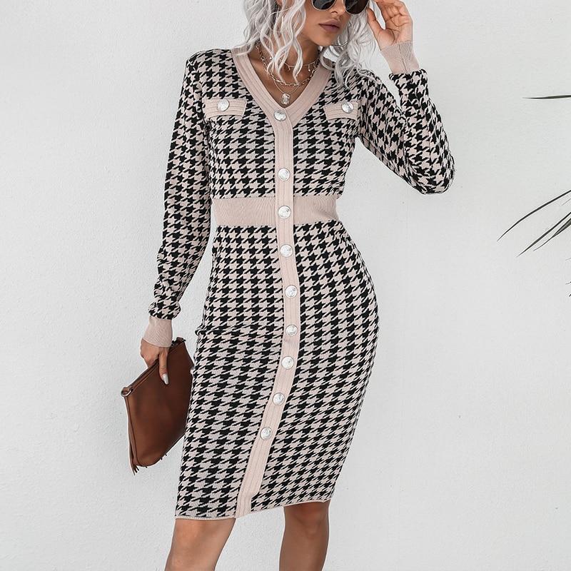 V-Neck Single Breasted Vintage Dress Spring Autumn Elegant Houndstooth Bodycon Party Dress Fashion Long Sleeve Women Sexy Dress